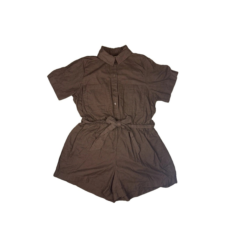 Abercrombie & Fitch Linen Blend Romper Timber Brown Utility Large Petite Pockets